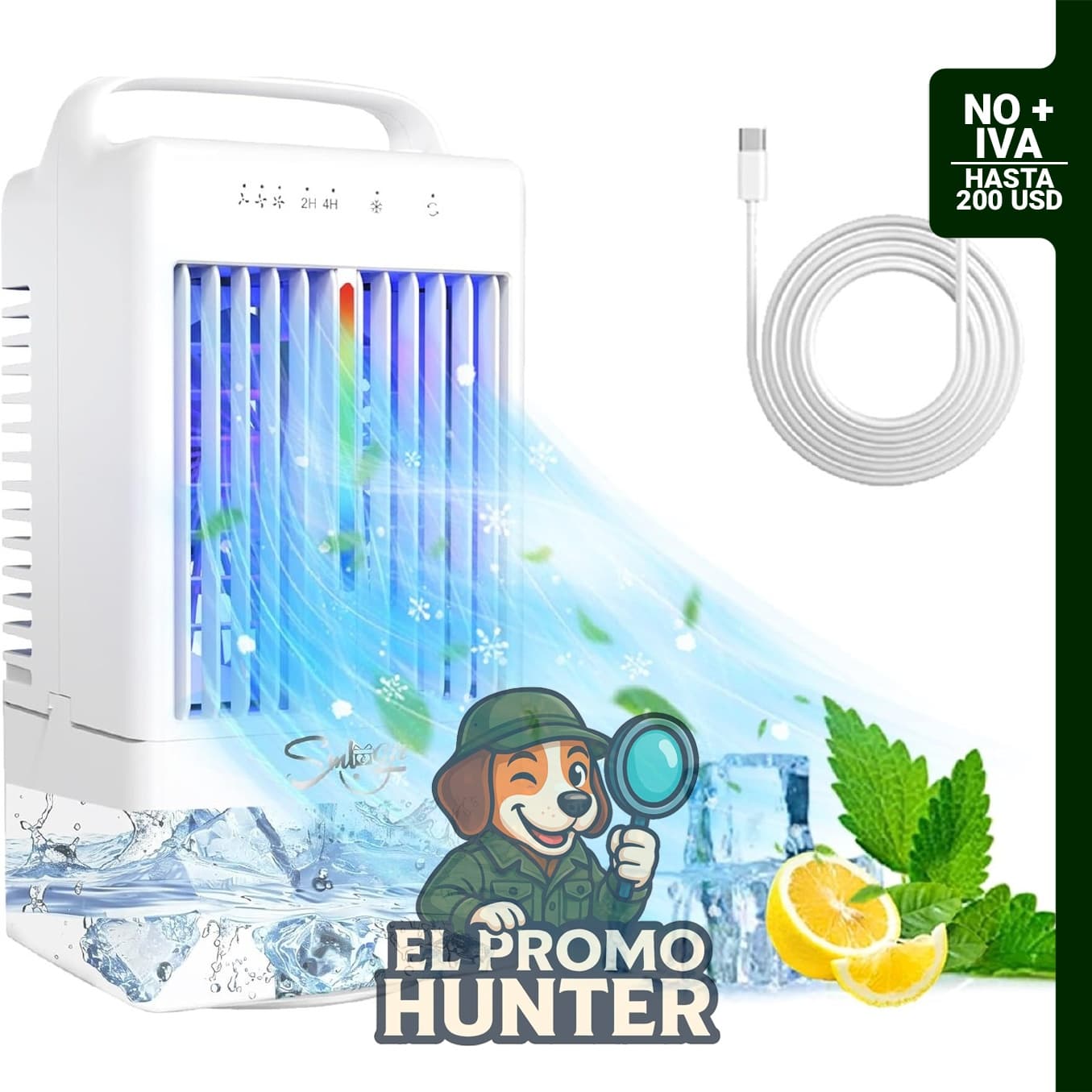 Aire acondicionado portátil personal mejorado de 90° con giro automático, 3 velocidades y temporizador de 2/4 horas.
