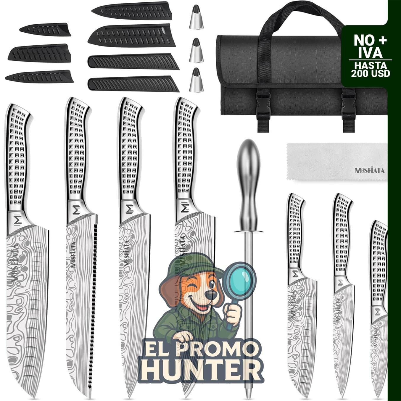 MOSFiATA Juego de cuchillos de cocina de 12 piezas de acero inoxidable con bolsa de almacenamiento de tela Oxford.