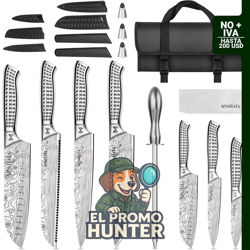 MOSFiATA Juego de cuchillos de cocina de 12 piezas de acero inoxidable con bolsa de almacenamiento de tela Oxford.