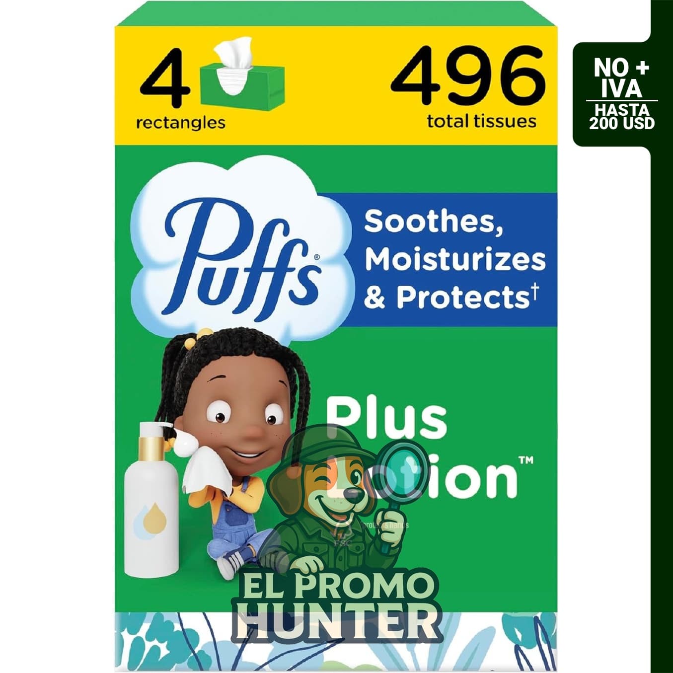 Puffs Loción facial Tissus, 4 cajas de 124 pañuelos cada una, para alergias y resfriados.