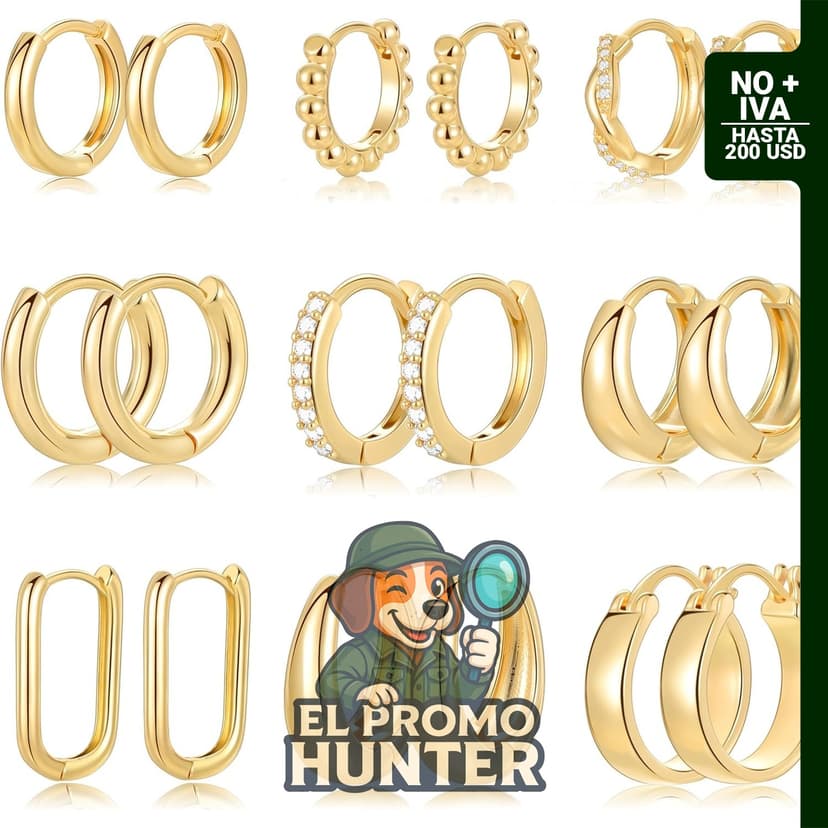 Set de 9 pares de aretes pequeños tipo aro huggie chapados en oro de 14K, hipoalergénicos y ligeros.