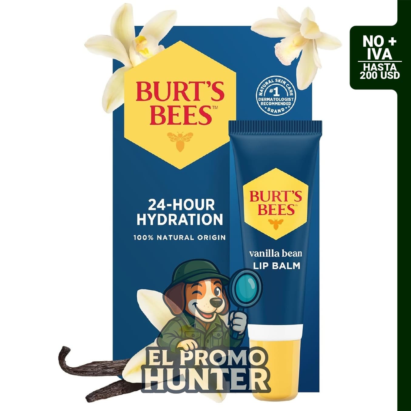 Burt's Bees Bálsamo labial hidratante 24 horas, grano de vainilla, 9.9 g.