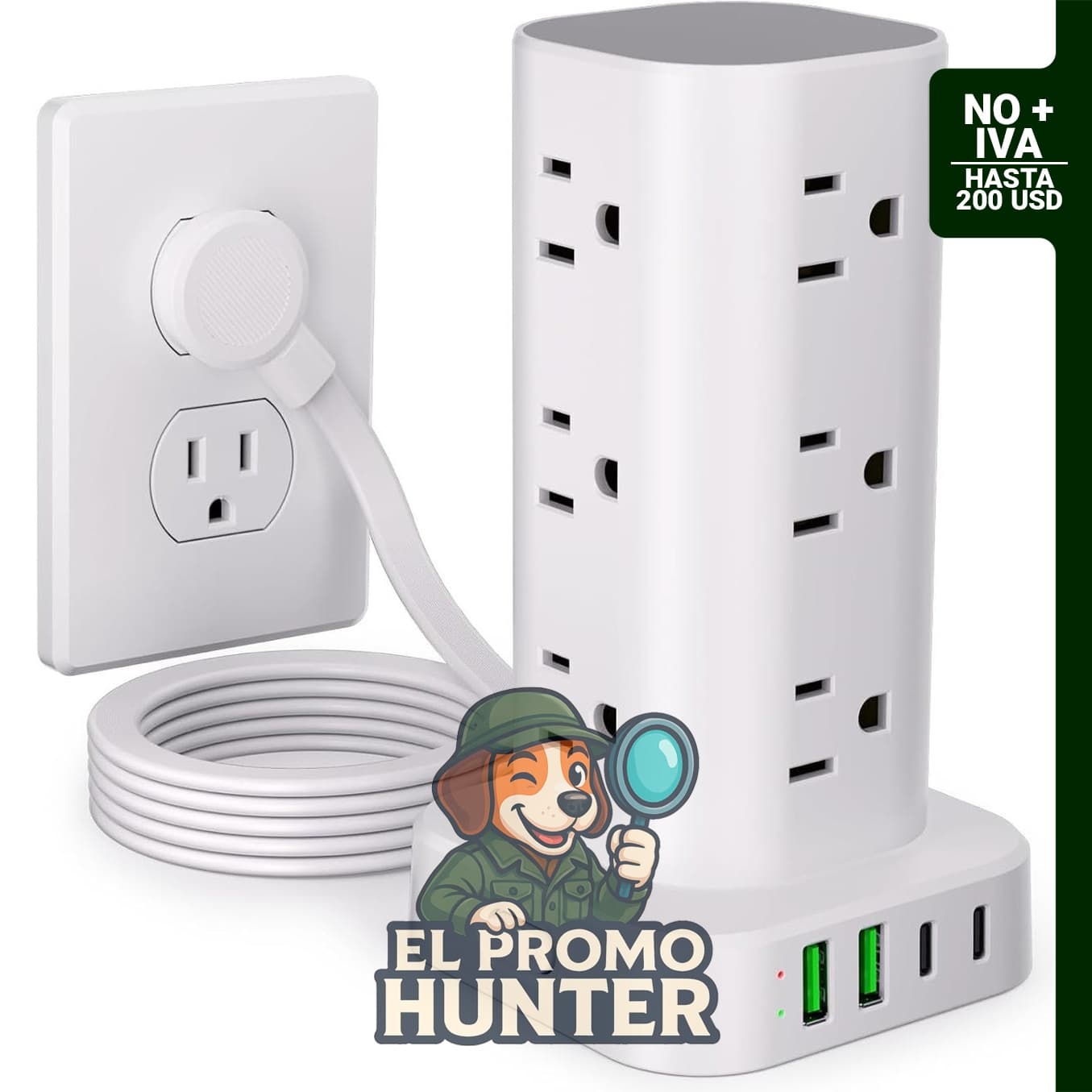 UWIWUTEI Torre de tira de alimentación con 12 salidas de CA y 4 puertos USB (2 USB C), cable de 6 pies, protección contra sobretensiones.