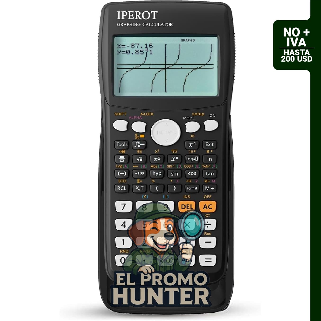Calculadora científica IPEROT con 10 modos y 4 funciones gráficas, adecuada para uso escolar.