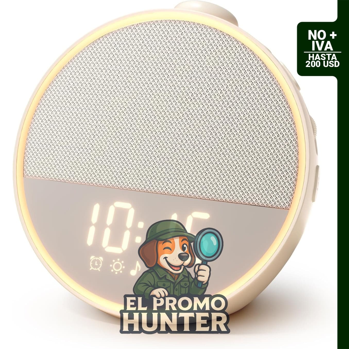 Máquina de sonido con reloj despertador y luz nocturna, diseñada para rutinas de sueño sin pantalla.