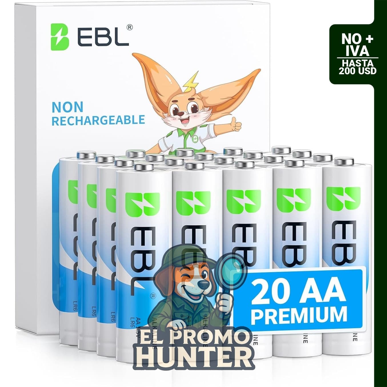 EBL Pilas AA de 1.5V alcalinas, 20 unidades, larga duración, vida útil de 10 años.