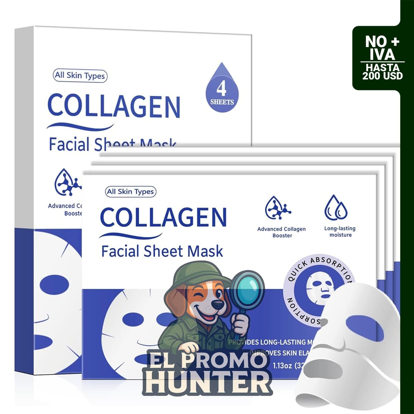MMV Máscara facial de colágeno, paquete de 4 mascarillas de bio-colágeno para el cuidado de la piel.