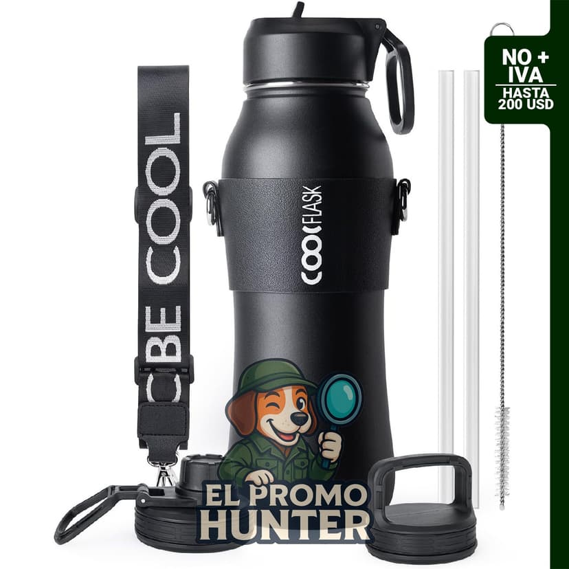 Coolflask botella de agua aislada de 32 oz, acero inoxidable, con 3 tapas y correa.