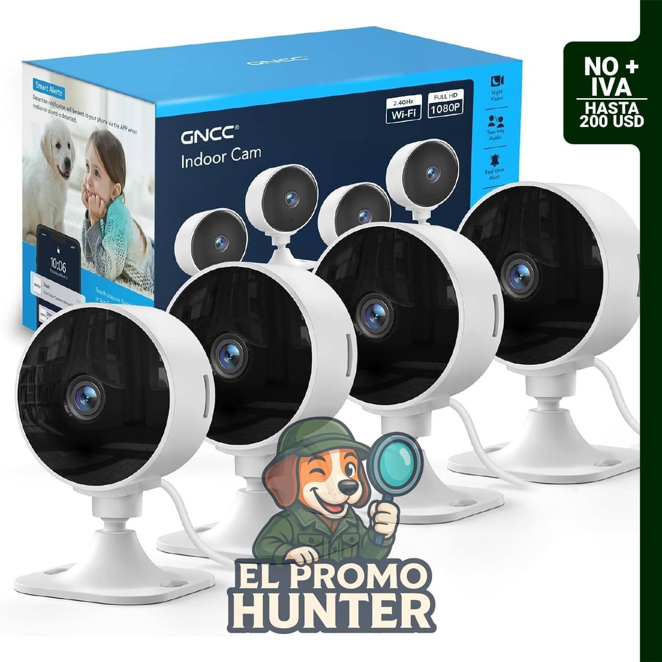 GNCC cámara de seguridad interior 1080P, 2.4 GHz, paquete de 4 para vigilancia de bebés y mascotas.