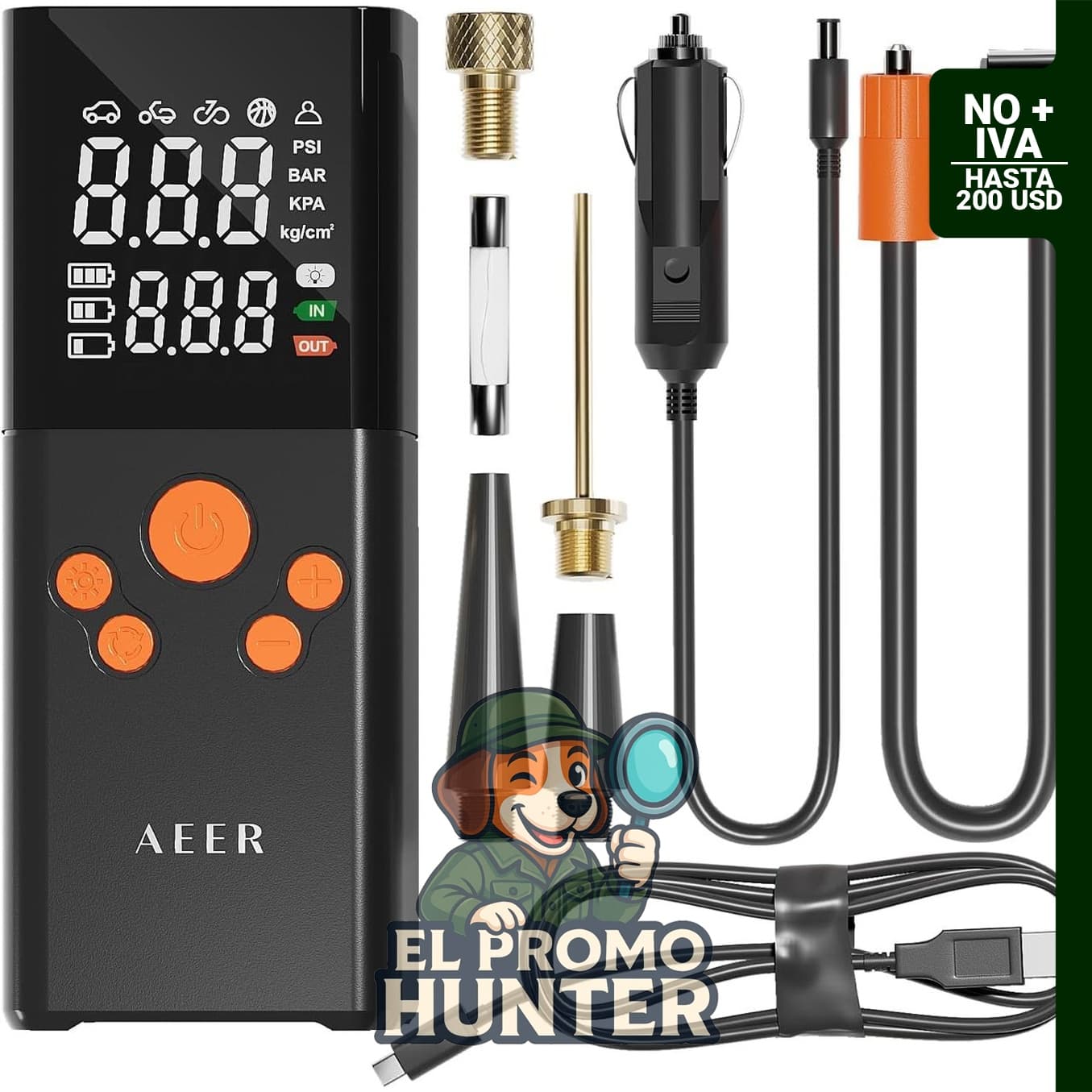 Inflador de neumáticos portátil, compresor de aire con presión máxima de 150 PSI y medidor digital.