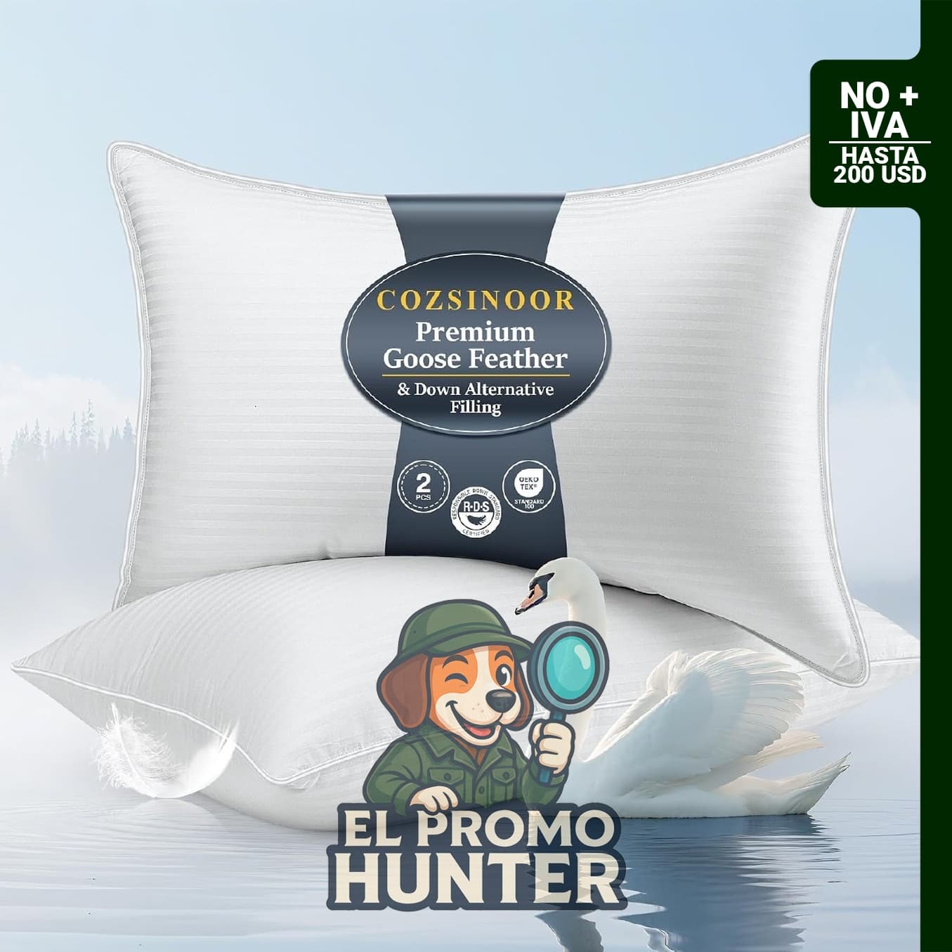 COZSINOOR Almohadas de Plumas de Ganso Tamaño Queen, juego de 2, con funda de algodón de 600 TC y relleno esponjoso.