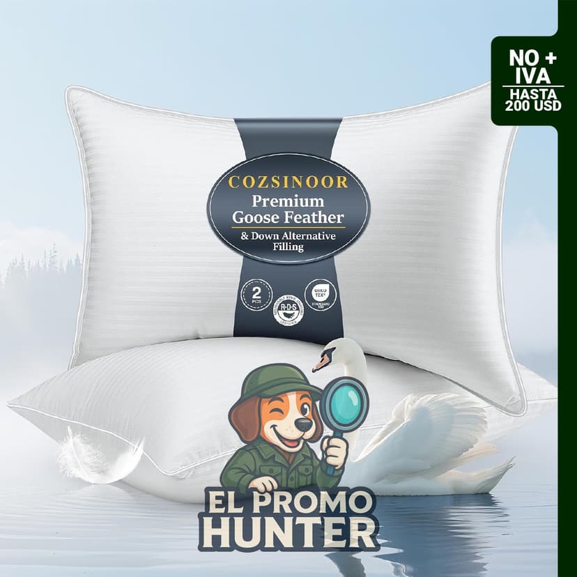 COZSINOOR Almohadas de Plumas de Ganso Tamaño Queen, juego de 2, con funda de algodón de 600 TC y relleno esponjoso.