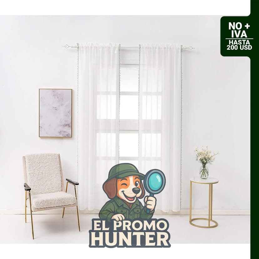 Cortinas transparentes de lino con borlas en forma de pompones, juego de 2 paneles (52 in / 132 cm).