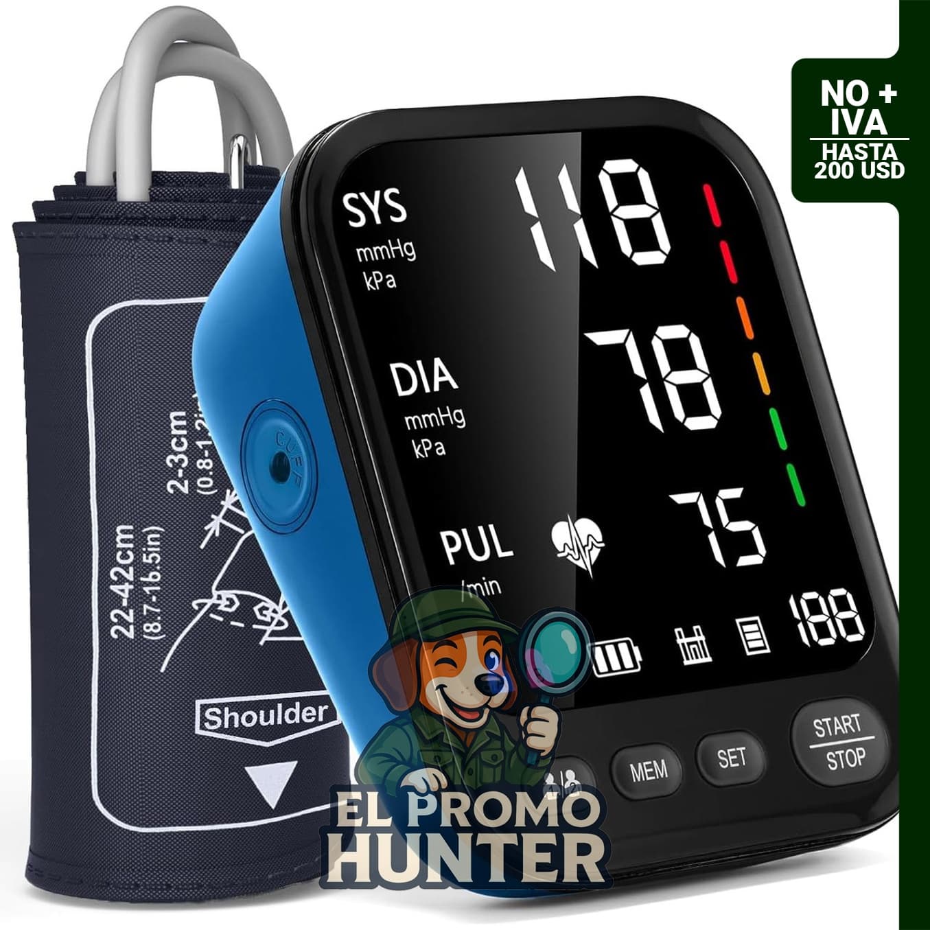 Monitor de presión arterial doméstico con pantalla LED retroiluminada, transmisión de voz y memoria para 2 usuarios.