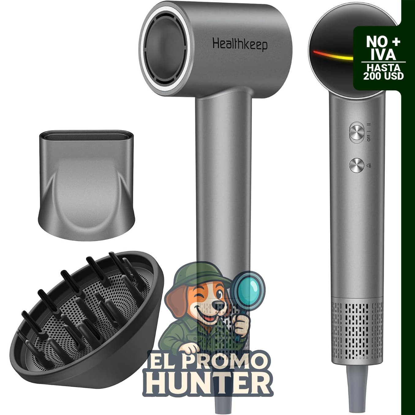 Secador de pelo con difusor, motor sin escobillas de 1500 W, tecnología iónica y control térmico de bajo ruido.