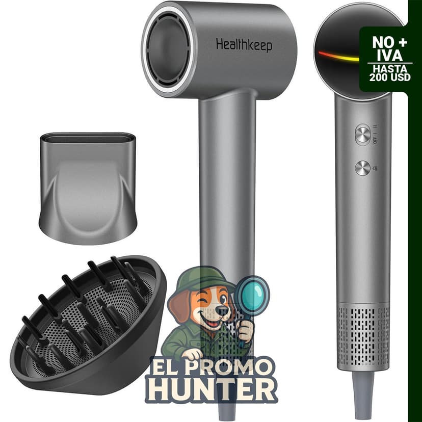 Secador de pelo con difusor, motor sin escobillas de 1500 W, tecnología iónica y control térmico de bajo ruido.