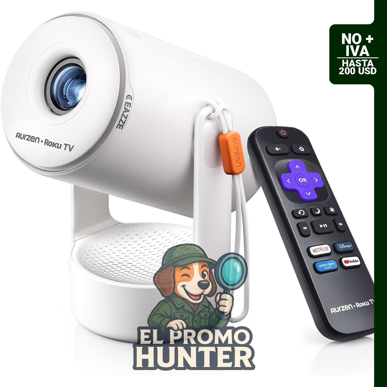 Aurzen Roku TV Mini proyector inteligente con WiFi y Bluetooth, proyector portátil con base de sonido mejorada y Keystone vertical automático.