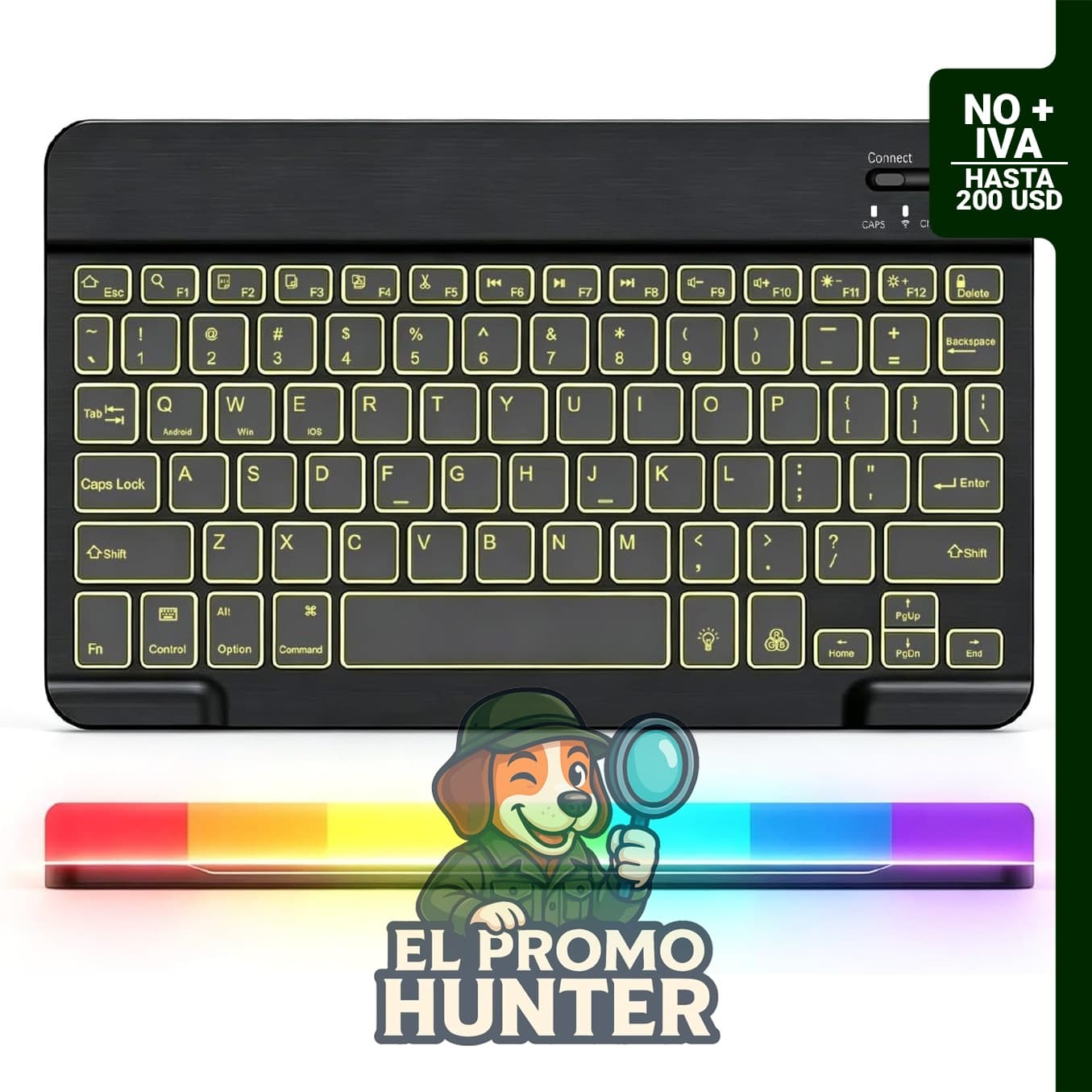 Teclado Bluetooth retroiluminado, compatible con teléfonos y tabletas, recargable y ligero.