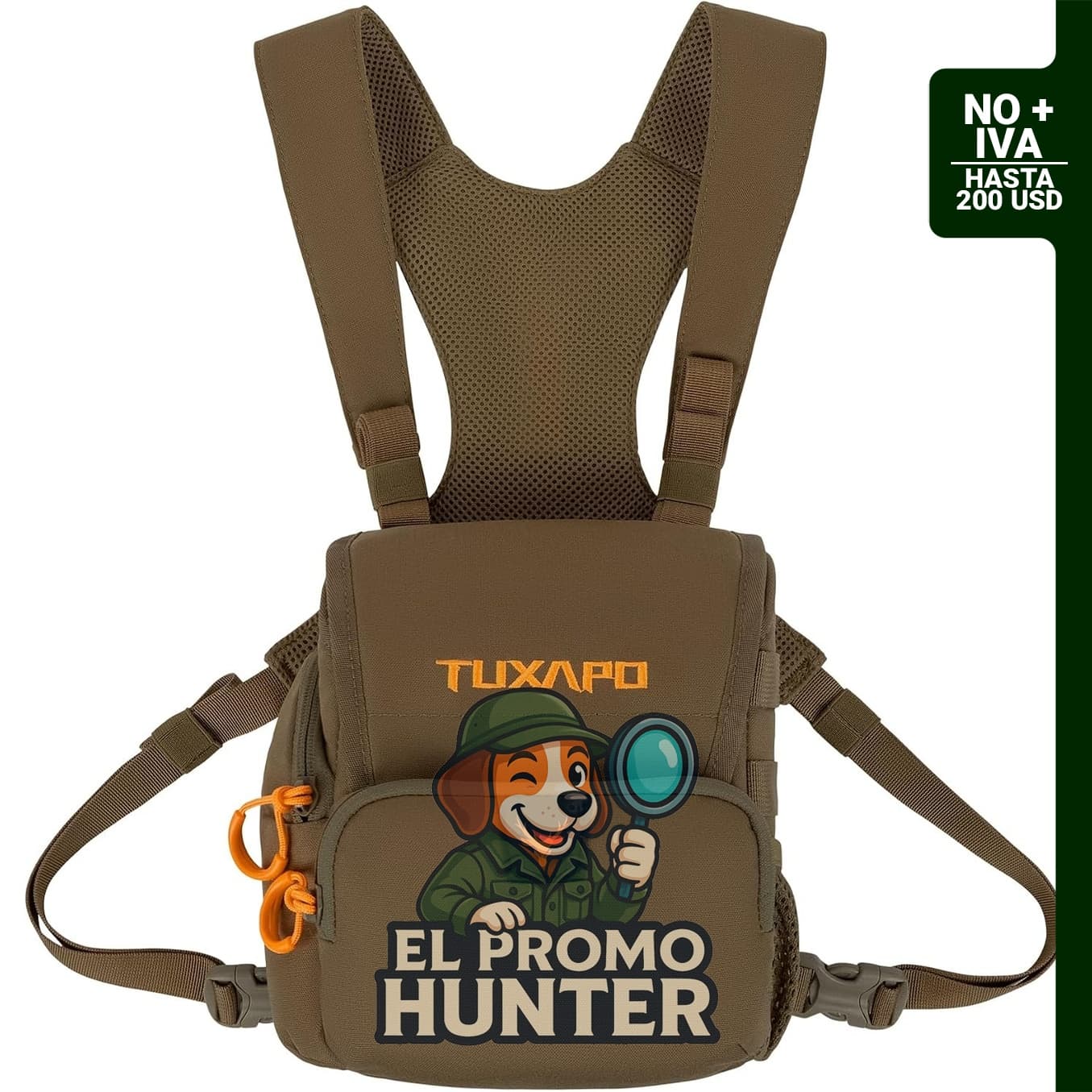 Arnés de pecho para binoculares con telómetro y bolsa, diseñado para caza y senderismo.