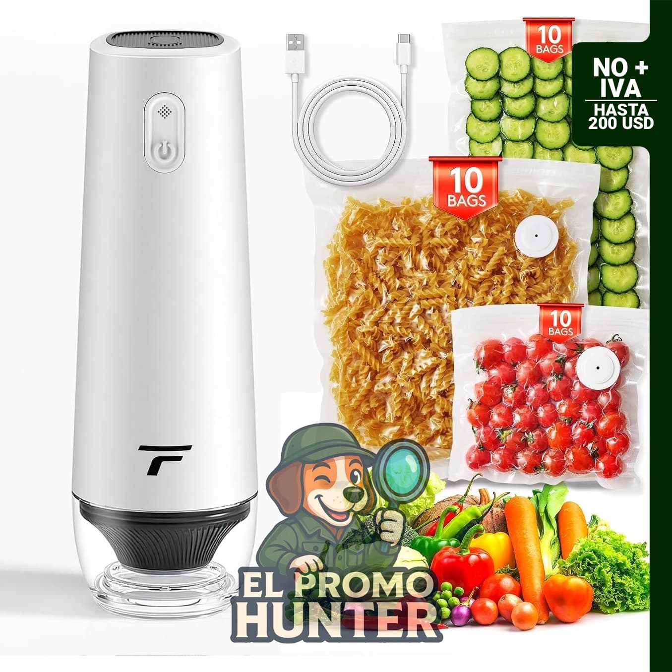 Sellador al vacío portátil compacto para alimentos, incluye 30 bolsas reutilizables.