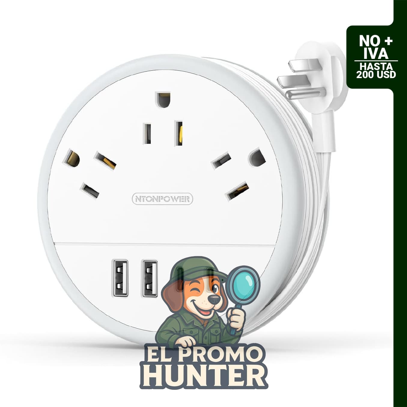 NTONPOWER Regleta de alimentación de viaje con 3 tomas y 4 puertos USB (2 USB C), cable de 4 pies.