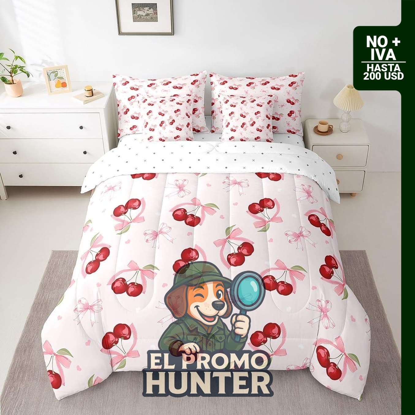 Juego de cama de 7 piezas en color cereza rosa, incluye sábanas y fundas.