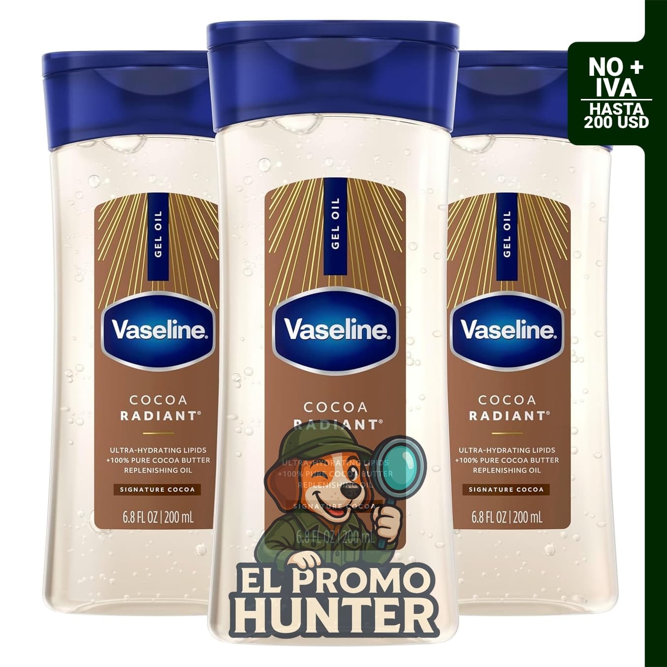 Vaseline Intensive Care Cocoa Radiant Pack de 3, aceite de gel corporal con manteca de cacao pura y aceites reponedores, 201 ml c/u.