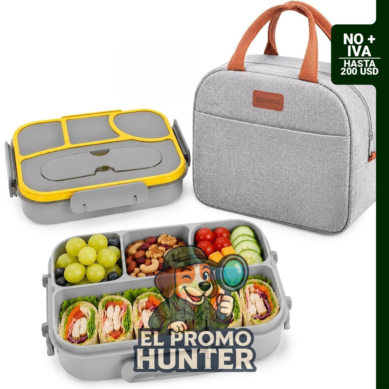 Bento de 4 compartimentos, capacidad de 1,18 L, incluye bolsa térmica.