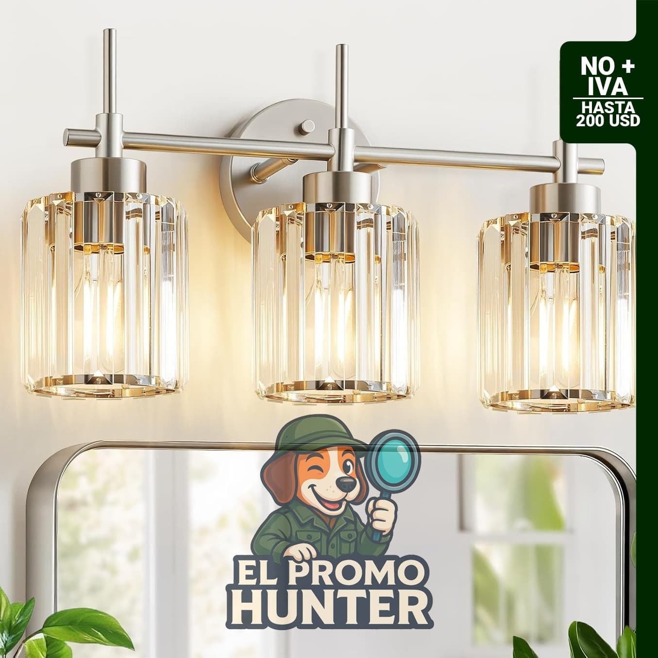 Lámpara de tocador con 3 luces, base E26, acabado en níquel cepillado y detalles de cristal.