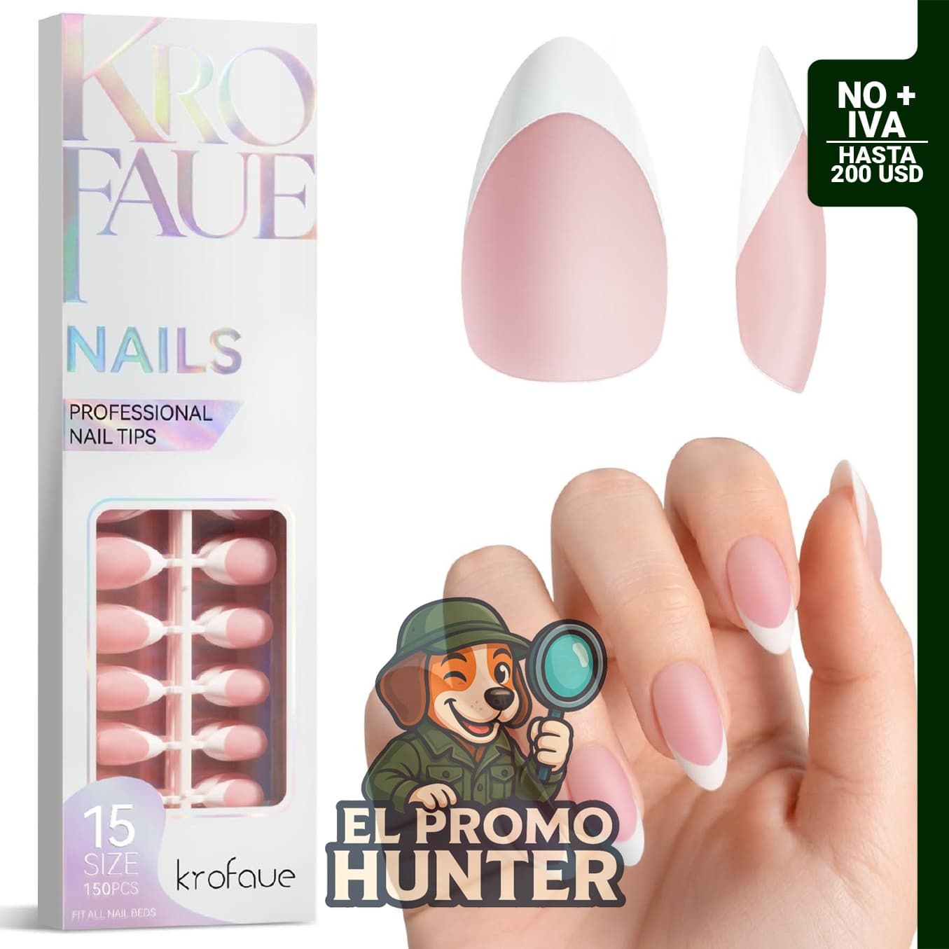 150 uñas postizas en forma de almendra, color rosa mate, disponibles en 15 tamaños.