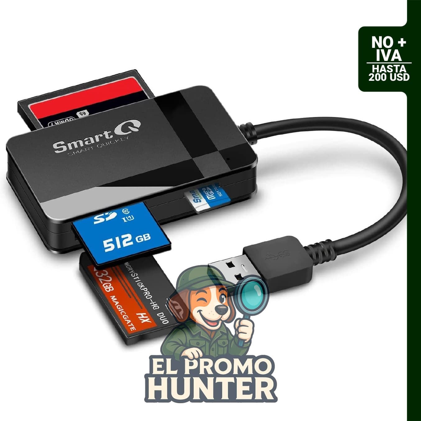 SmartQ C368 Lector de Tarjetas USB 3.0, compatible con Apple y Windows, soporta tarjetas SD, Micro SD, MS y CF.