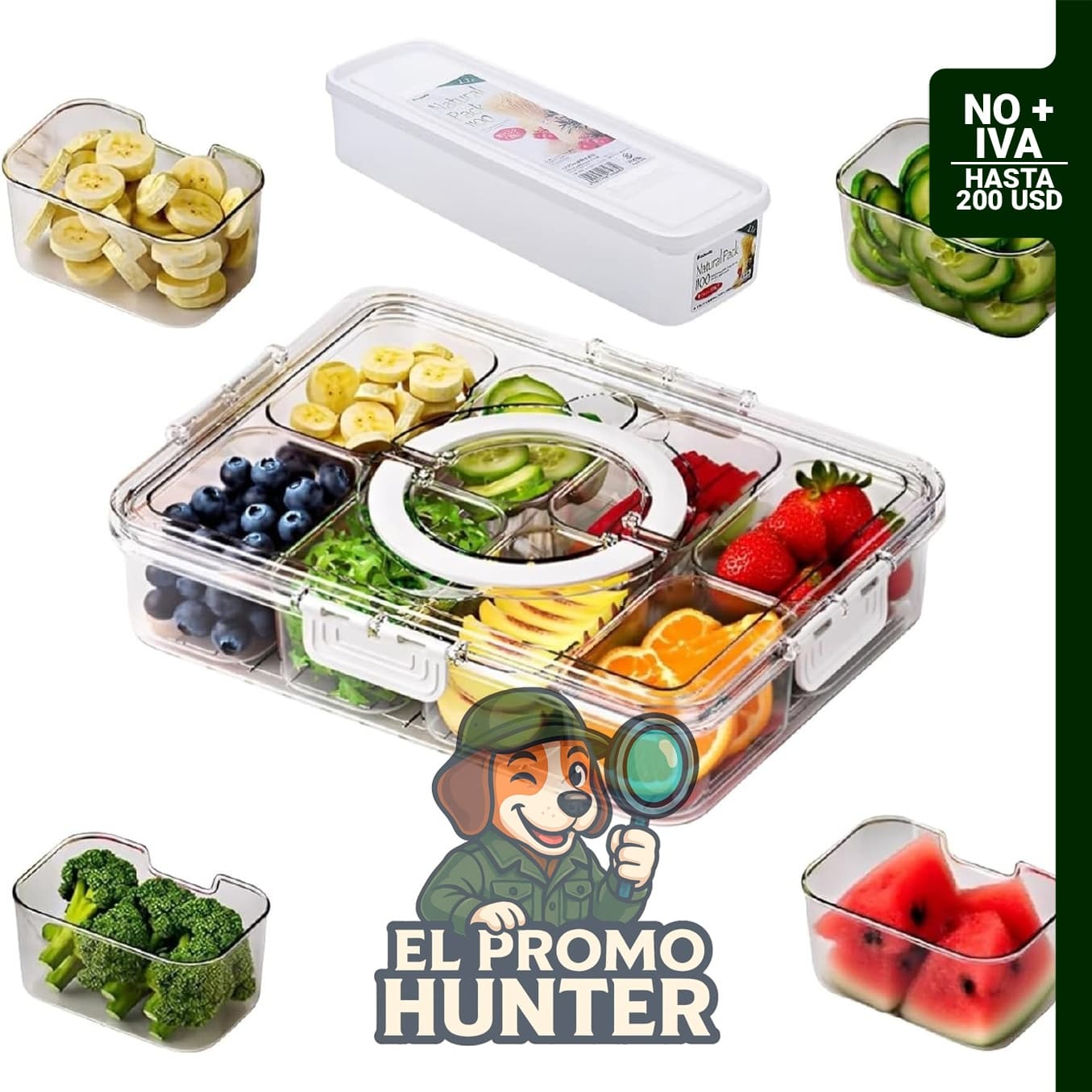 Caja de aperitivos EBIEFLY de 1,6 L con 8 compartimentos, tapa y asa.