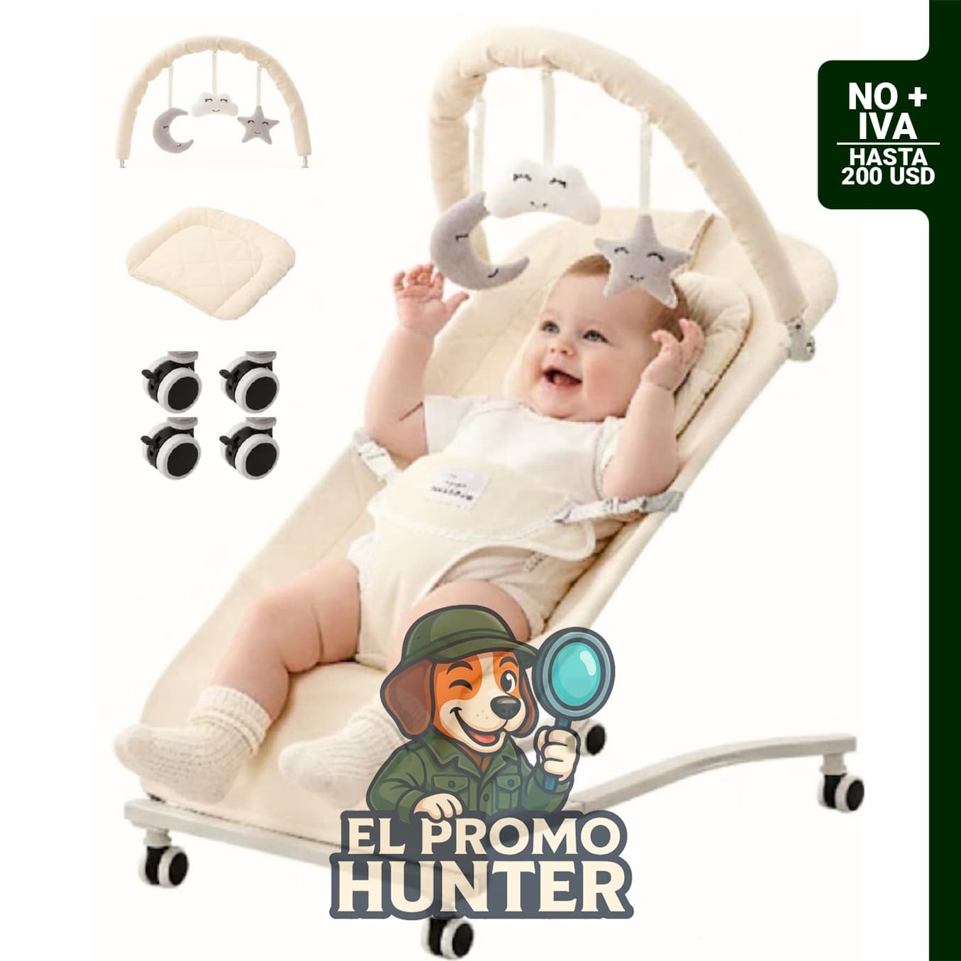 Mecedora 100% algodón con ruedas y soporte para cabeza.