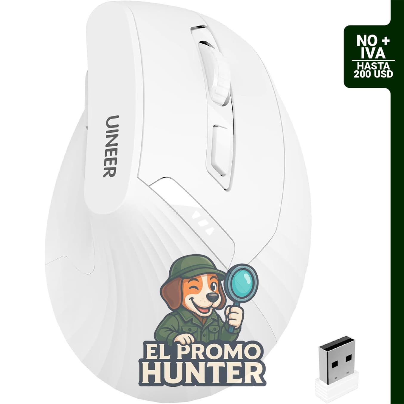 Uineer Ratón Vertical Inalámbrico 2400 DPI, recargable, con indicador de batería y 4 niveles de DPI.