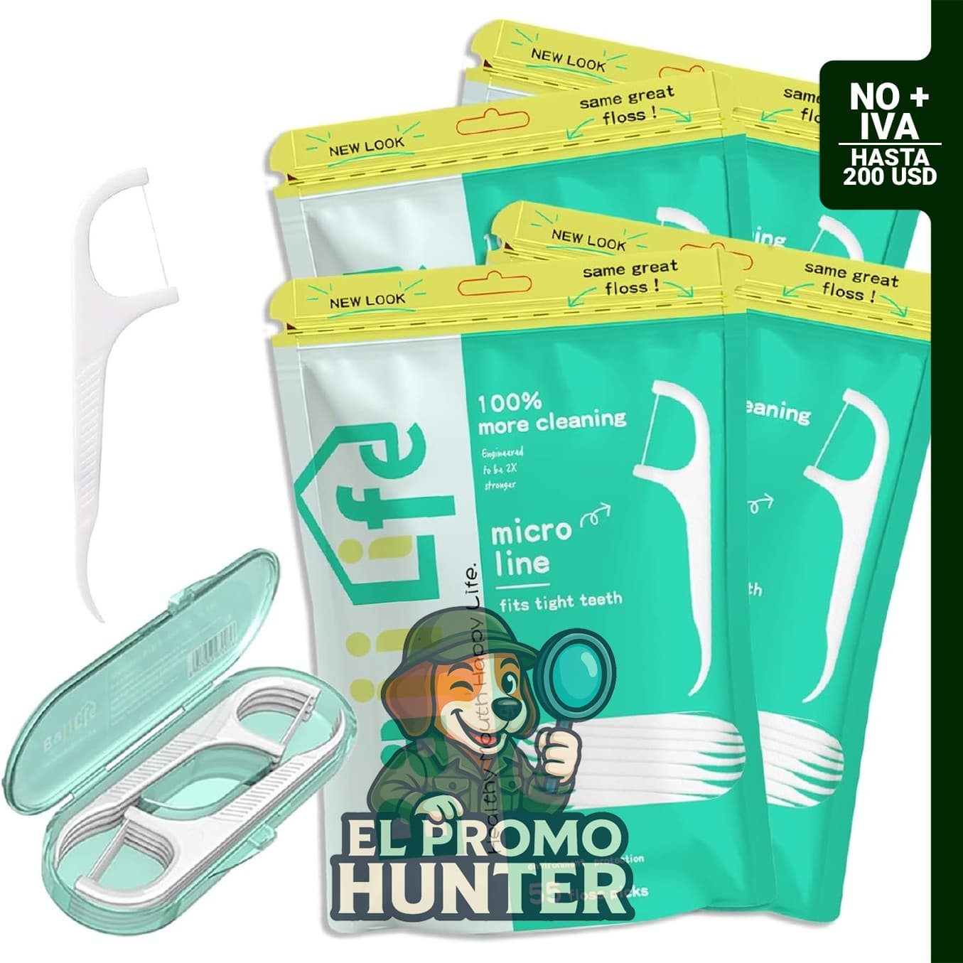 Púas de hilo dental bajilife, 228 unidades en total, incluye 4 paquetes de 55 púas y 8 porta-púas.