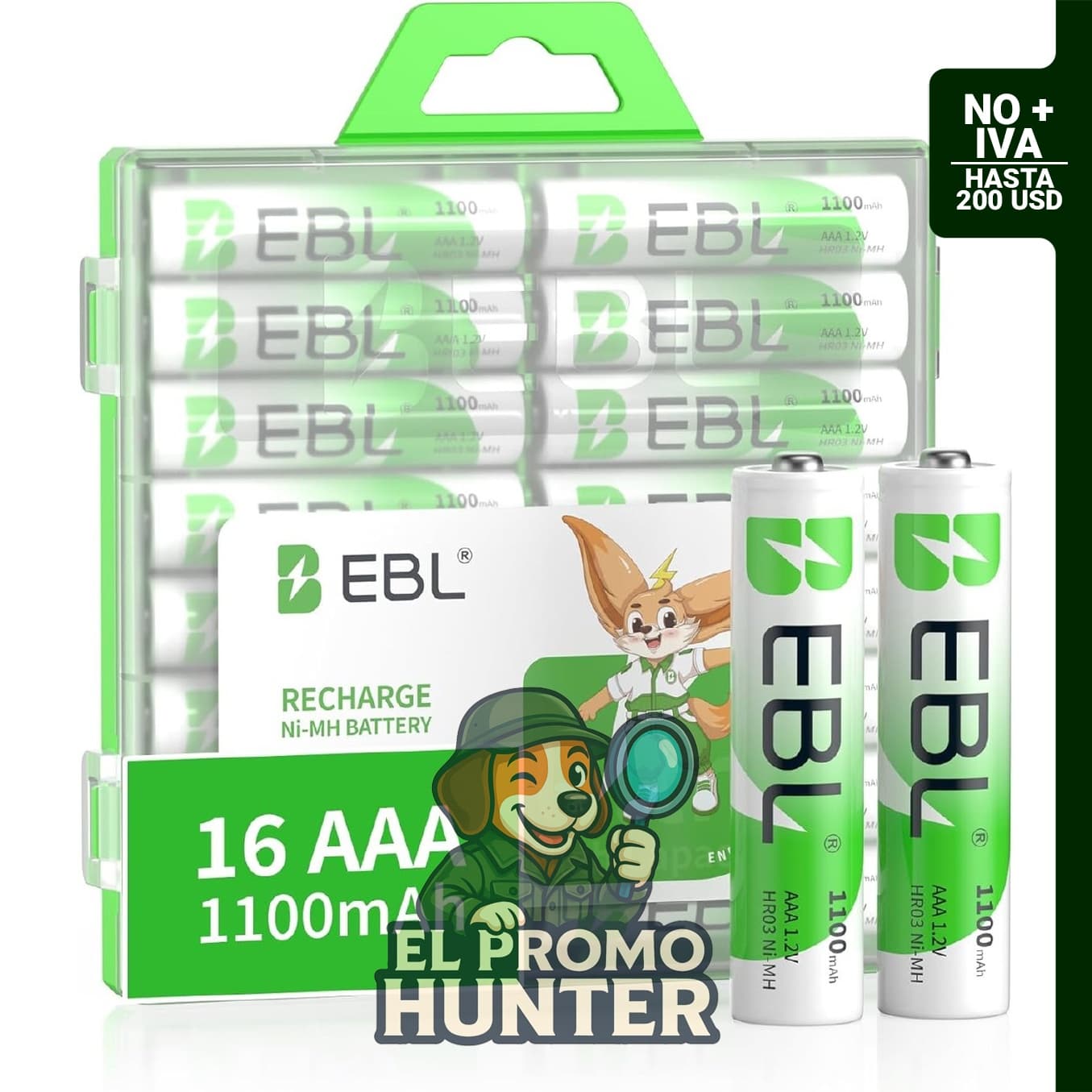 EBL Baterías AAA recargables Ni-MH 1100 mAh 1.2 V, pack de 16 unidades.