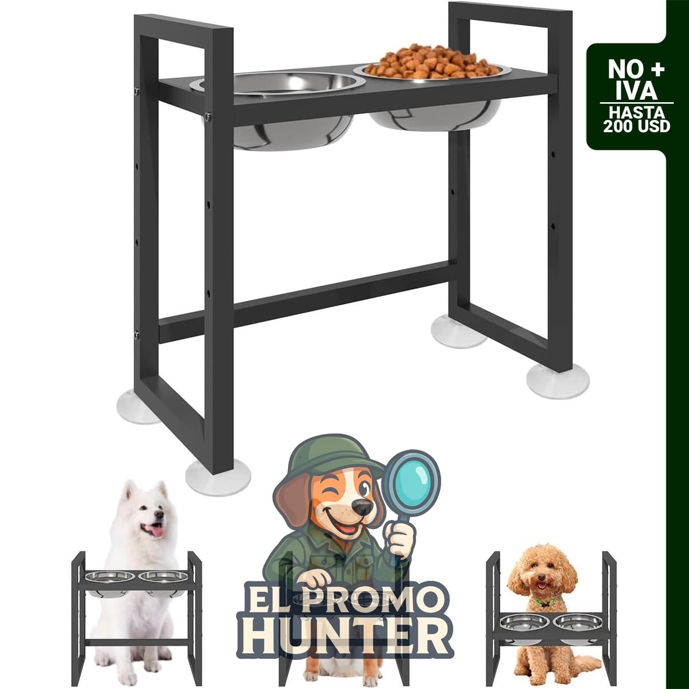 Soporte elevado para cuencos para perros con 2 cuencos de acero inoxidable, color negro.