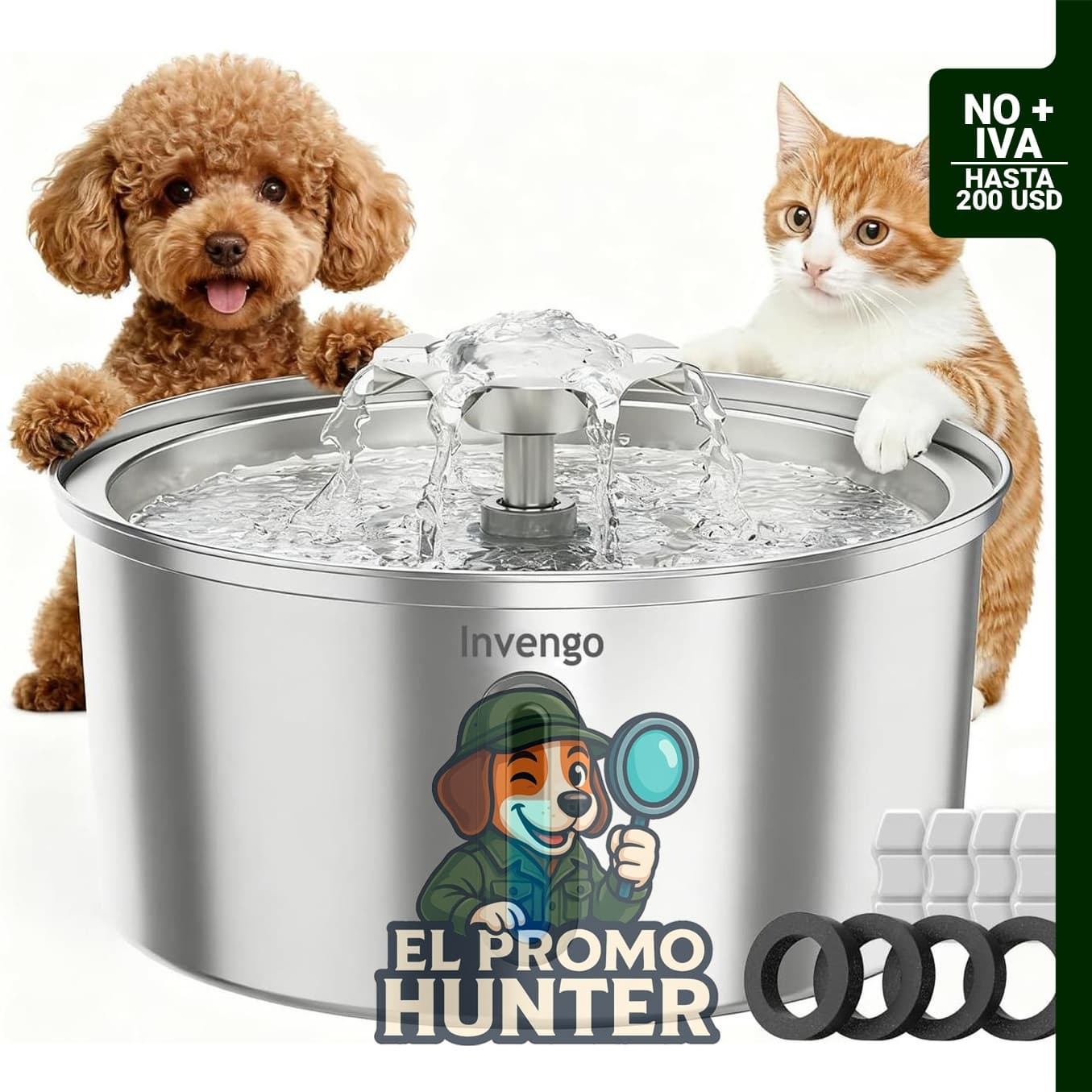 Invengo Fuente de agua para gatos de acero inoxidable de 3.2 L, automática, bomba silenciosa (<25 dB), incluye 4 filtros.