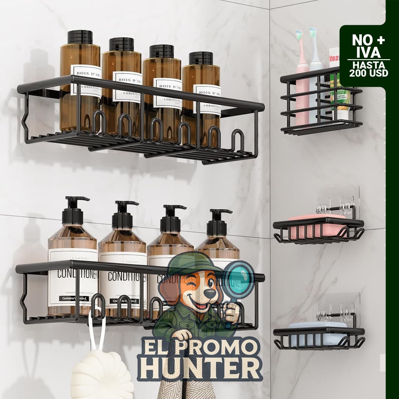 Soportes y dispensadores adhesivos para baño, 5 unidades, color negro.