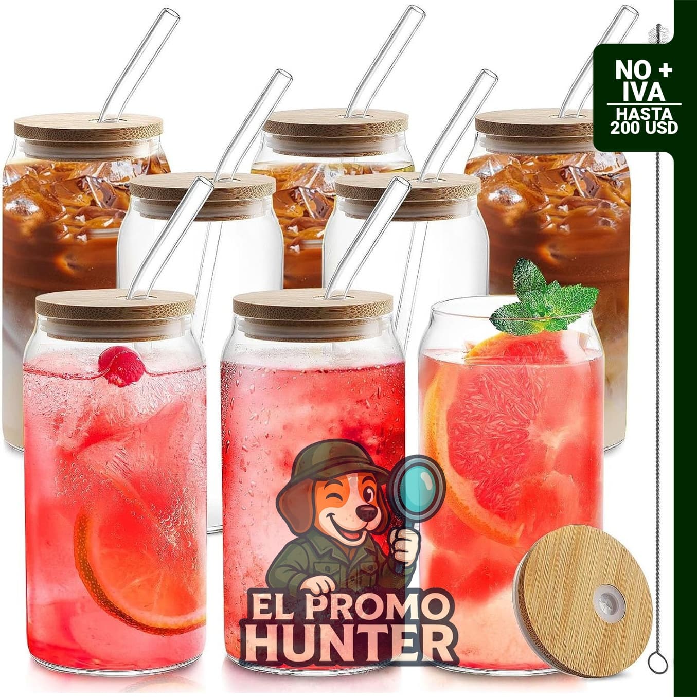 HOMBERKING Juego de 8 vasos de vidrio de 20 oz con tapas de bambú y pajitas, incluye 2 cepillos de limpieza.