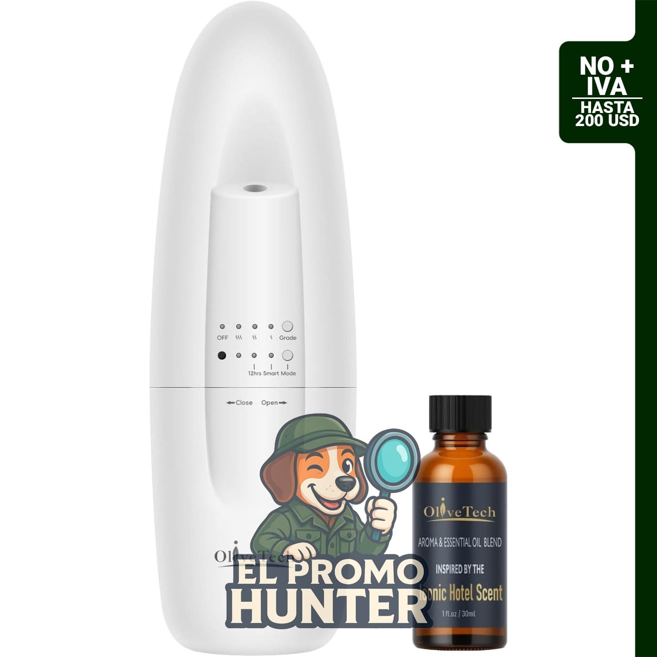 Difusor de Aroma Enchufable OliveTech, cubre hasta 46 m², sin agua, ideal para aromaterapia.