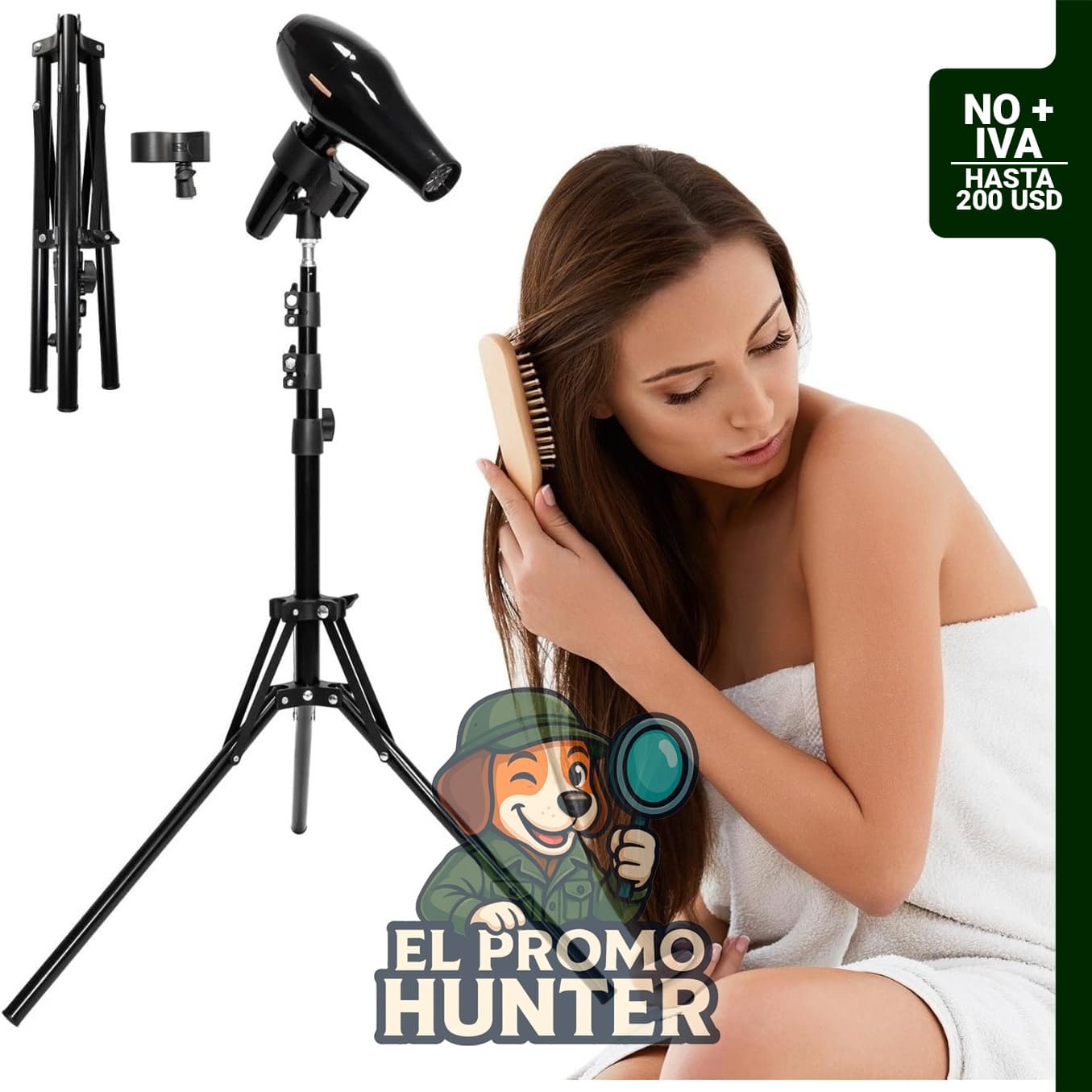 Soporte ajustable para secador de pelo FLOCURE con clip antideslizante y base de trípode.