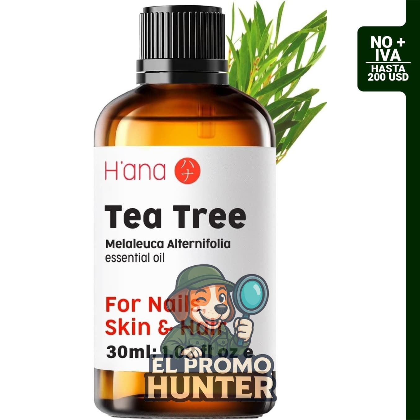 H'ana Aceite esencial de árbol de té, 30 ml, adecuado para uso en cabello, piel, difusor y fabricación de jabón.