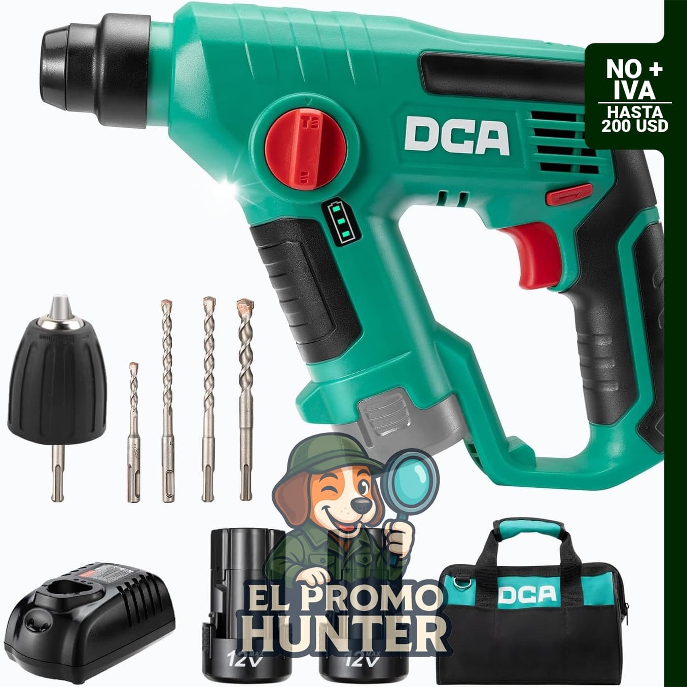 DCA Taladro Inalámbrico de 12V, martillo perforador SDS-Plus, 3-EN-1, velocidad variable, batería 2*2.0Ah.
