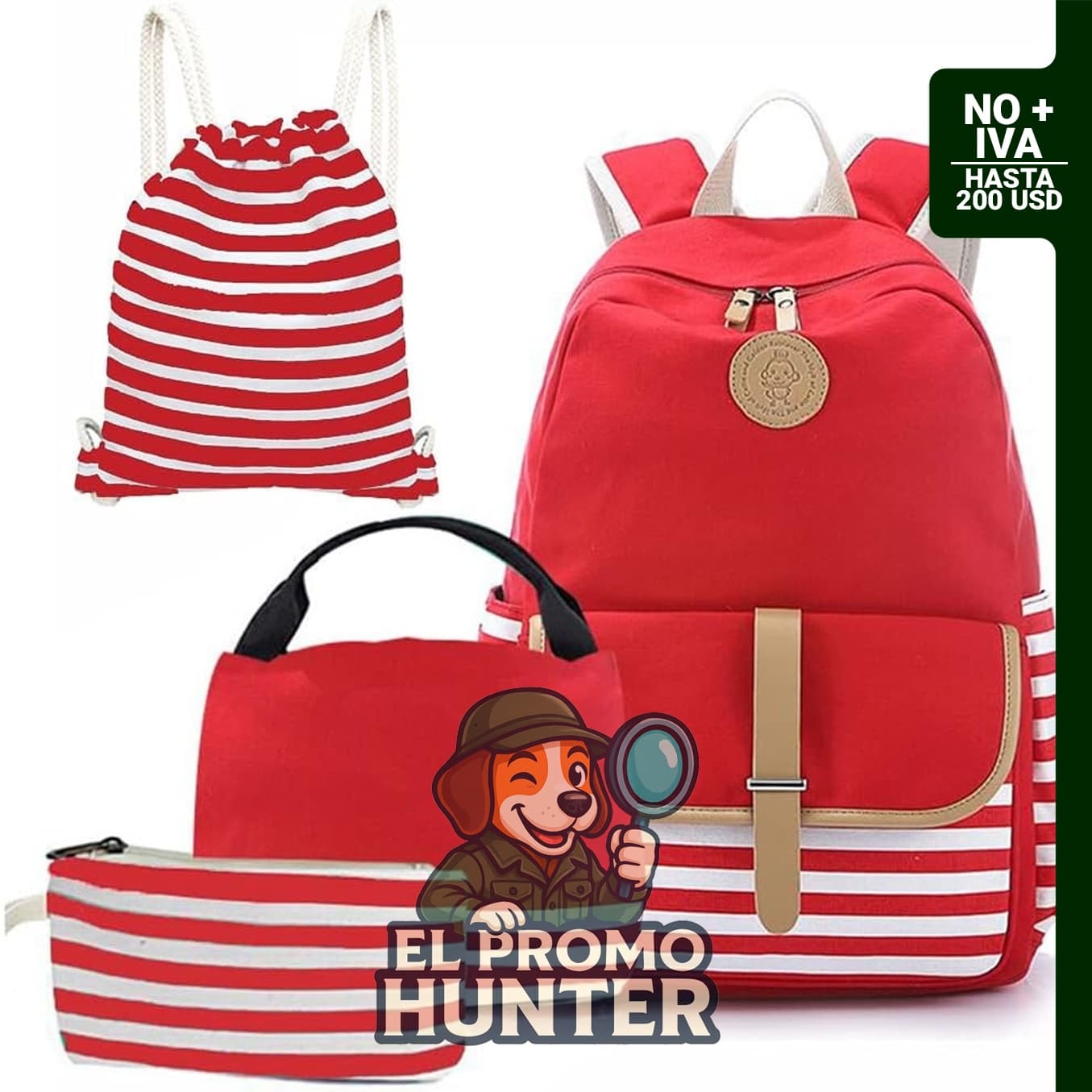 Mochila de lona a rayas Joyfulife con lonchera, ligera y adecuada para la escuela, juego 4 en 1.