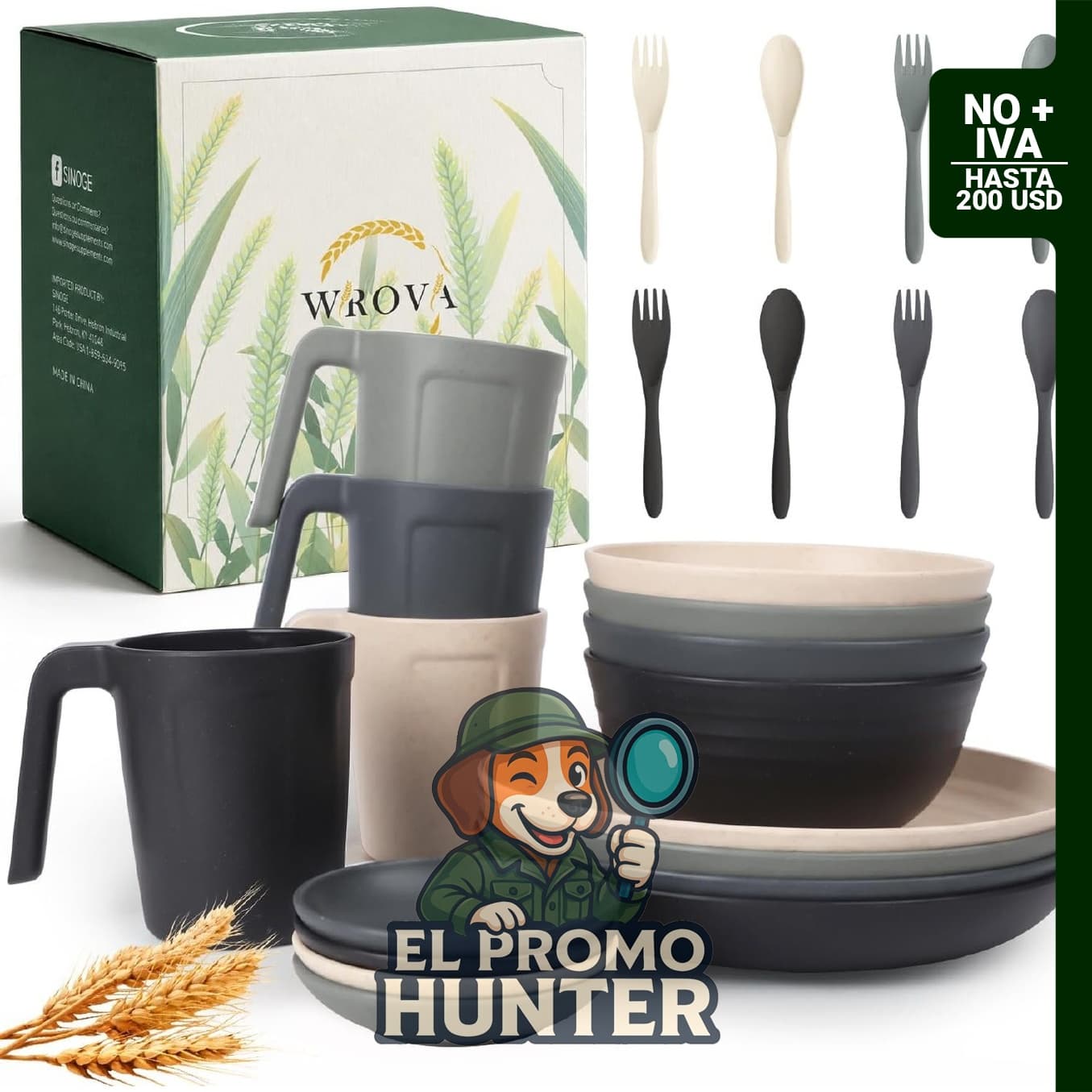 Set de vajilla de 24 piezas de paja de trigo para 4 personas, incluye platos y tazones.