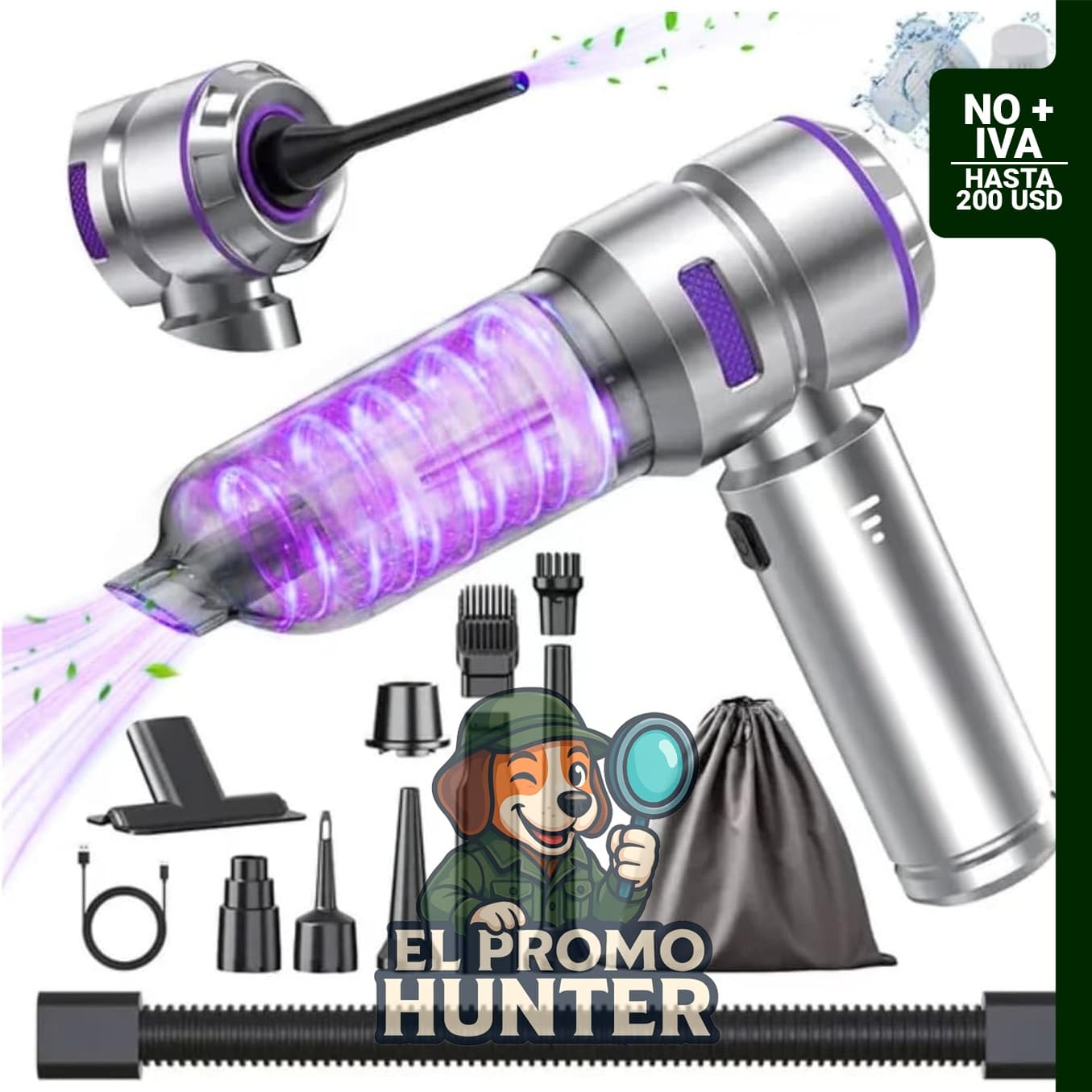 Aspirador portátil para automóvil 4 en 1 con motor sin escobillas y potencia de succión de 22000 PA.