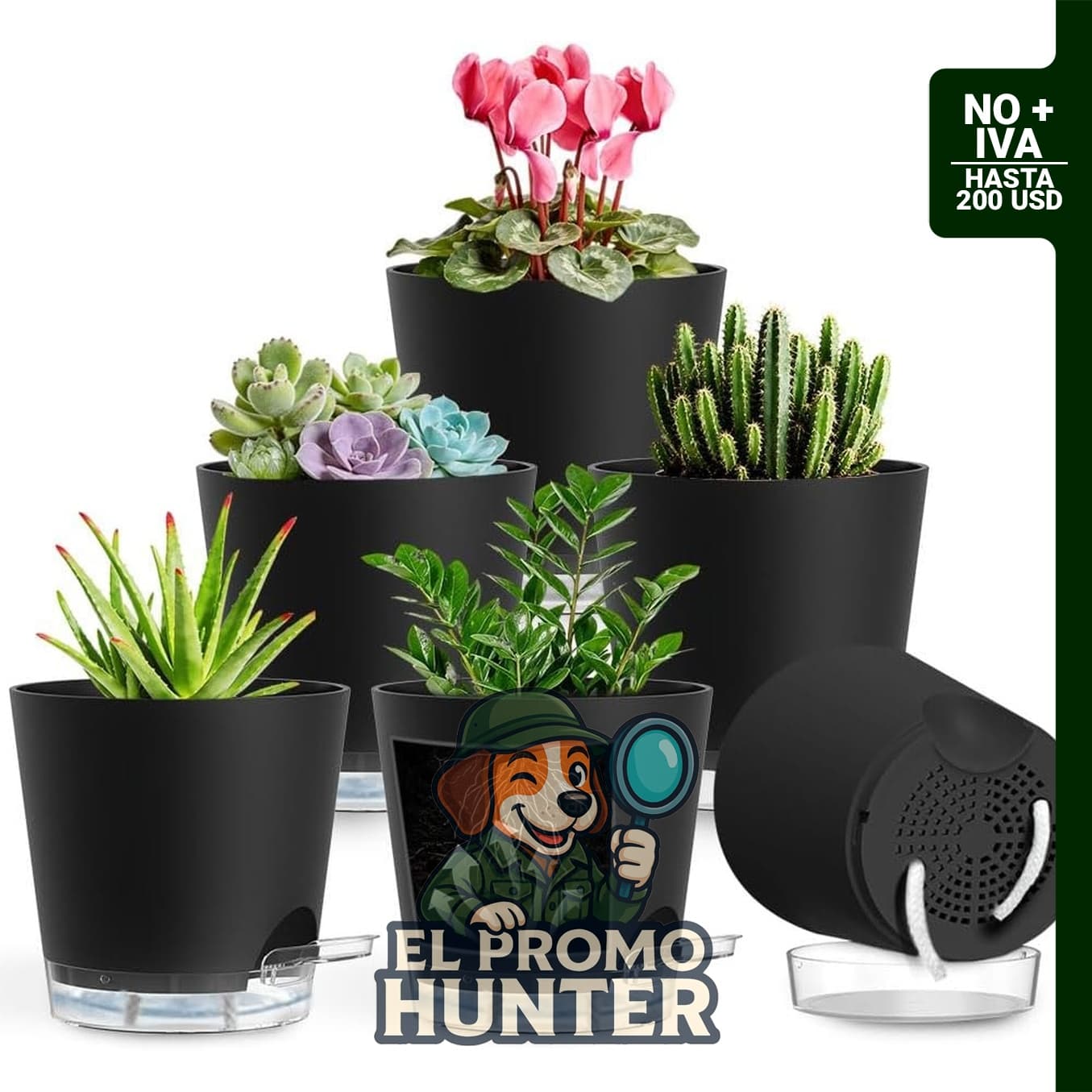 Macetas de autorriego para plantas, paquete de 6, con agujeros de drenaje y depósitos transparentes.