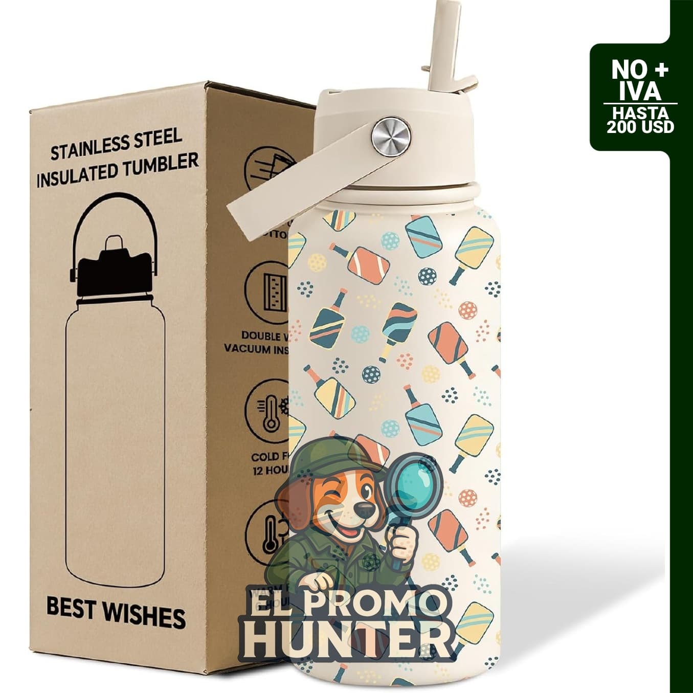 Botella de agua de pickleball de 32 oz, adecuada para jugadores de pickleball.