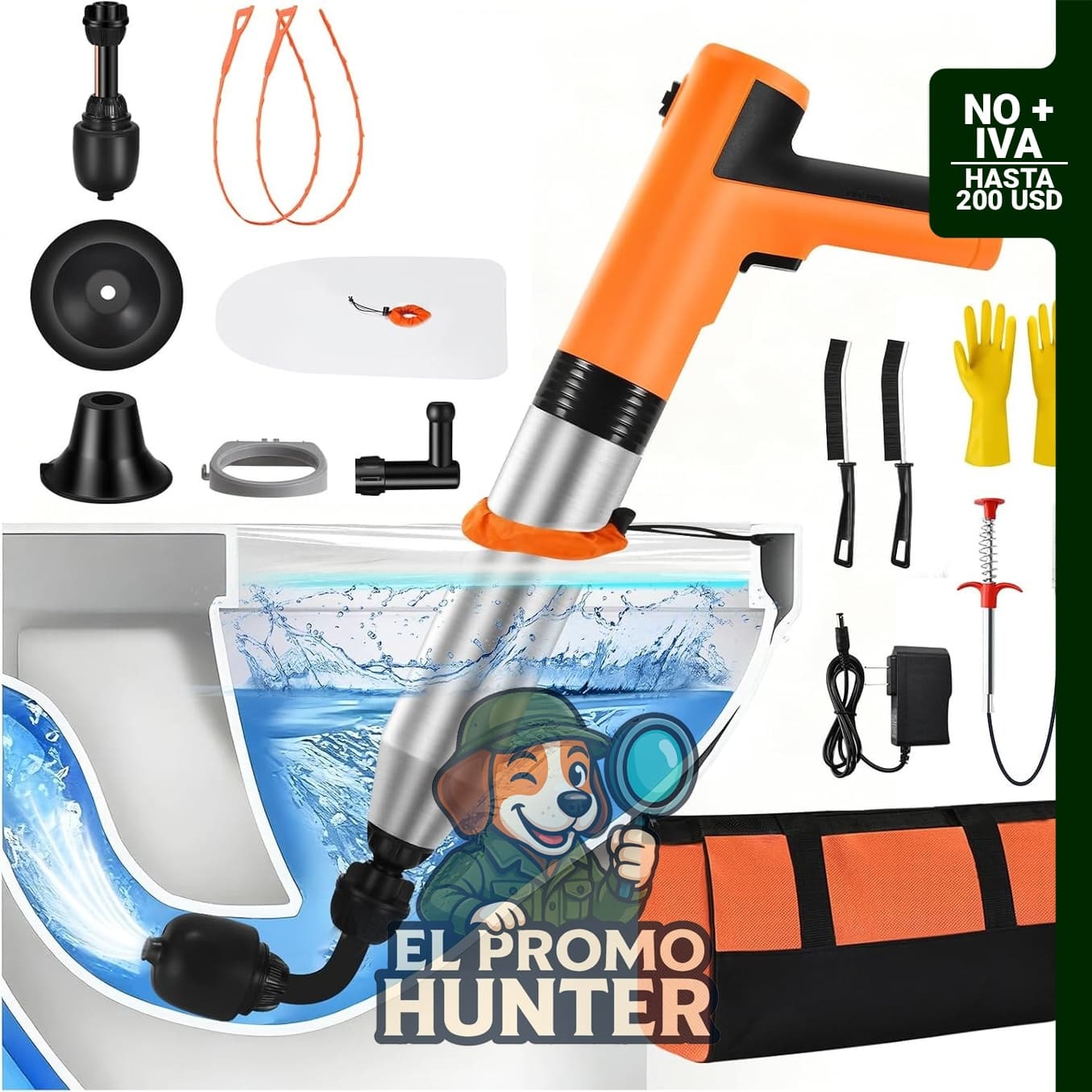 Desatascador eléctrico de inodoro, herramienta de alta presión para remover obstrucciones de drenaje.
